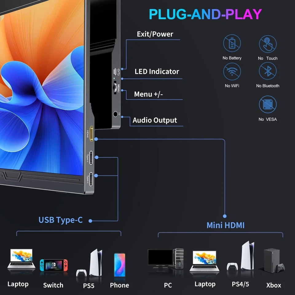 Portable Monitor 15.6 Zoll Tragbarer Mobiler Monitor FHD 1920x1080 HDR - Bild 4 von 4