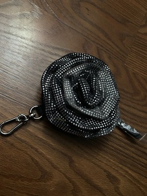 STEVE MADDEN Rose Flower Embellished Silver Black Night Out Keychain