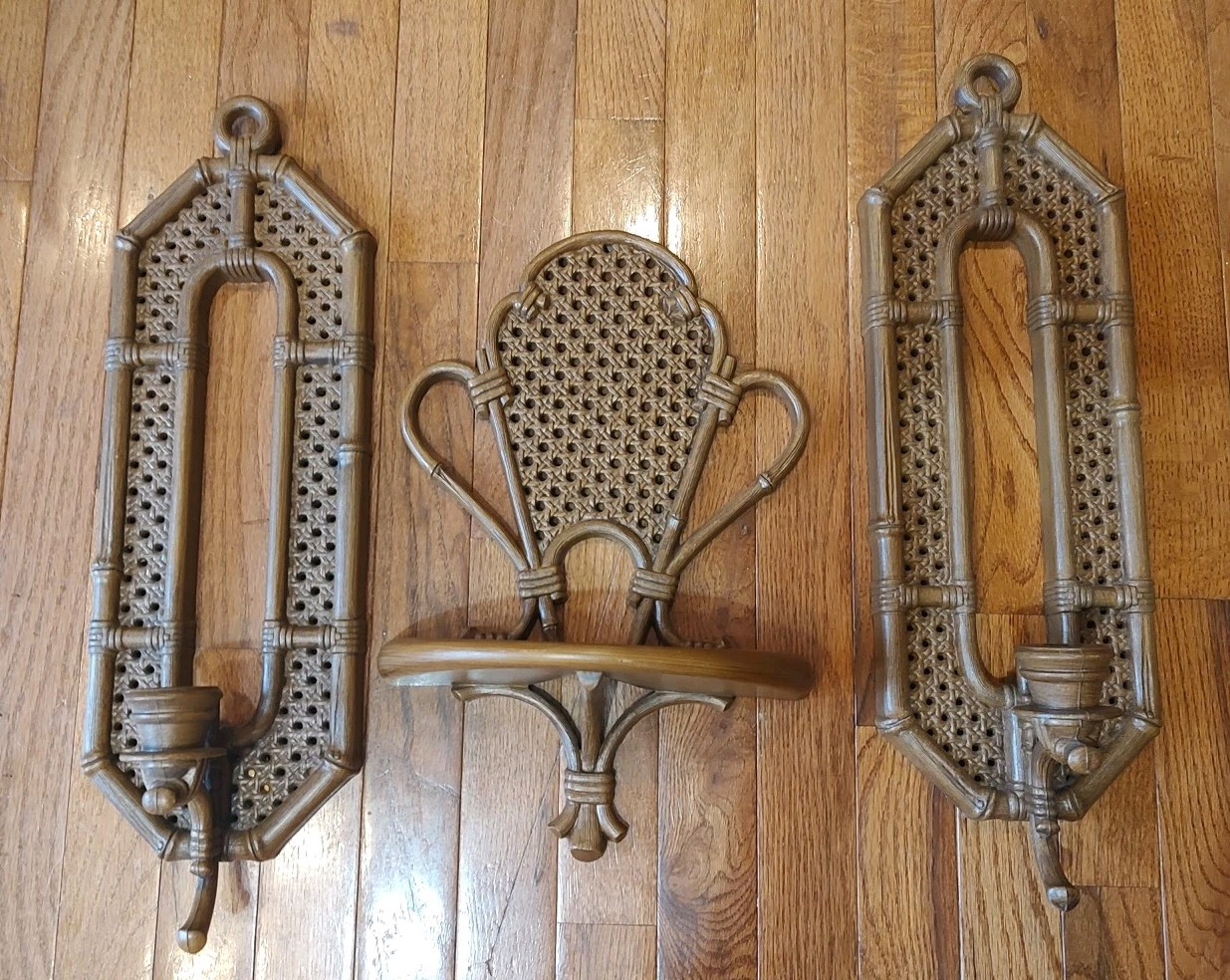 Vtg Set of 3 Burwood Homco Faux Rattan Boho Wall Sconces/Candle Holders & Shelf