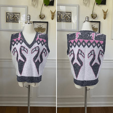Vintage 80s Jolie Flamingo Pink Grey White Sweater Vest M
