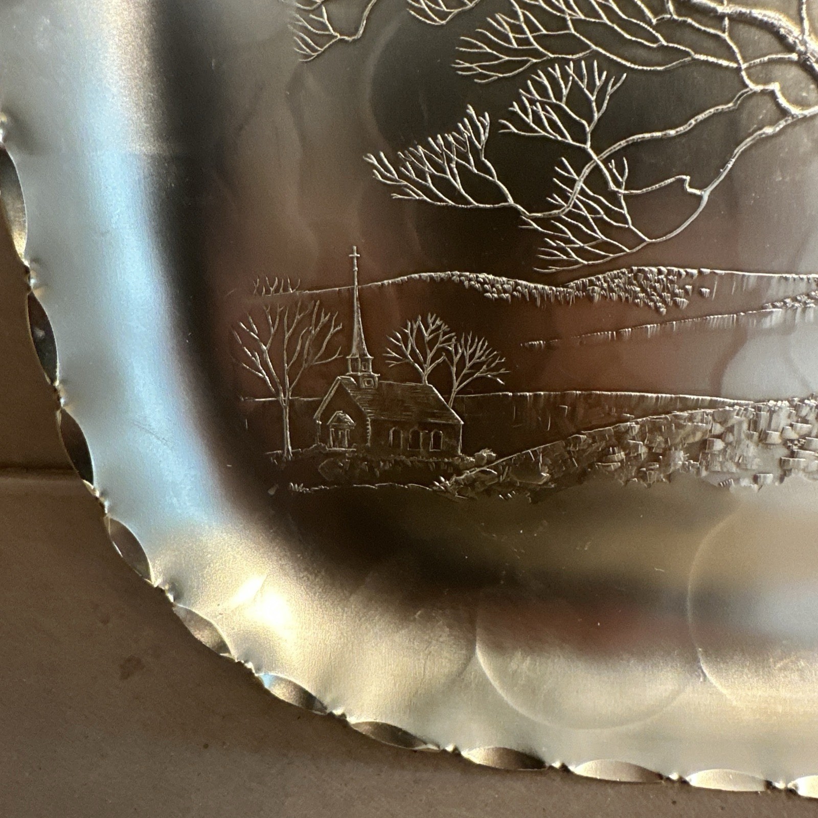 Arthur Armour Hammered Aluminum Gold Tray Tree Church Scene 11-5/8" x 11-5/8"