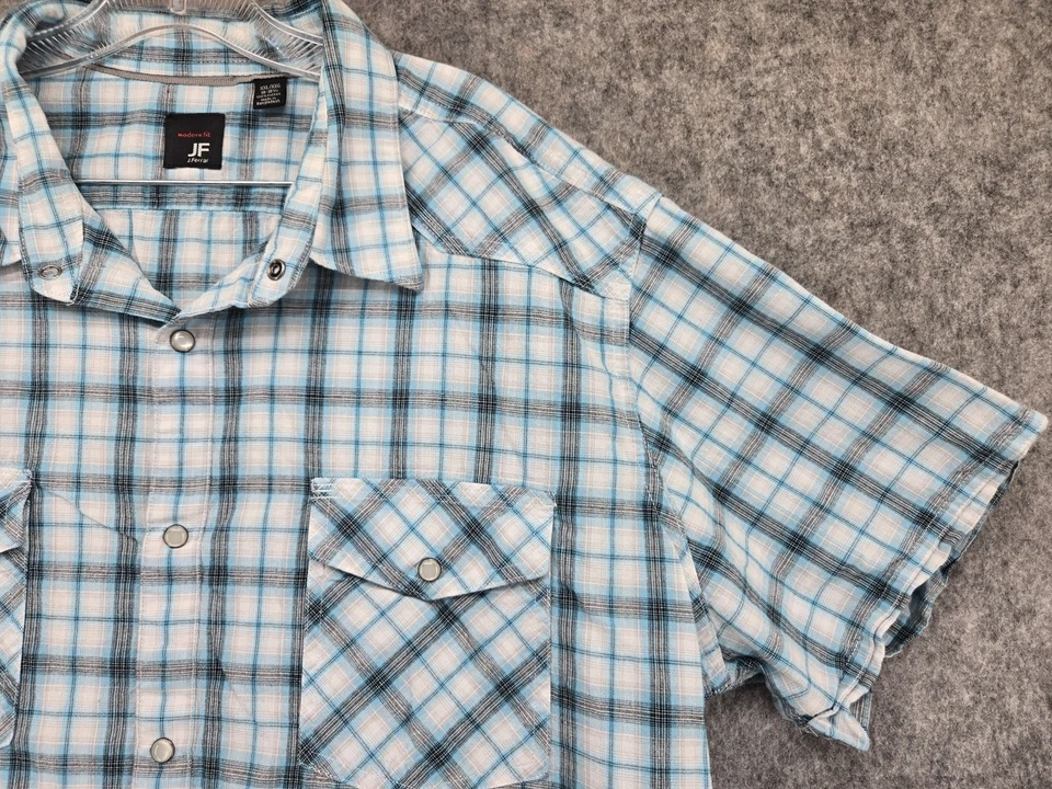 Camisa JF J Ferrar Para Hombres 2XL Azul Blanco A Cuadros Manga Corta Ajuste Moderno Western Snap Foto 2 de 4