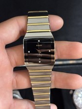 Rado Jubile Quartz Rectangle Watch Black Dial Diamond Markers Date Ti 2-Tone