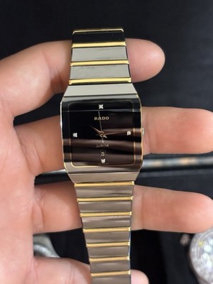 Rado Jubile Quartz Rectangle Watch Black Dial Diamond Markers Date Ti 2-Tone