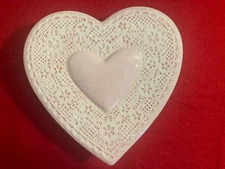 Vintage Ceramic Trinket Jewelery Box Heart Pink - Handmade 6" - w/Removable Lid