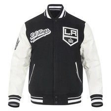 Los Angeles Kings Black Body White Leather Sleeves Varsity Jacket Men Size L