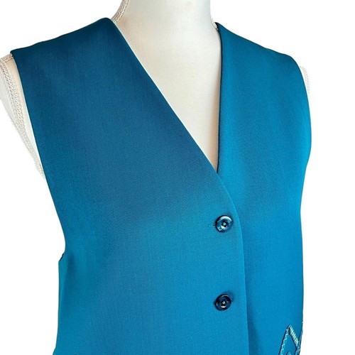 Vintage Wool Vest Button Front Sz 8 IB DIFFUSION Blue Teal Zig Zag Ribbon - Picture 3 of 9