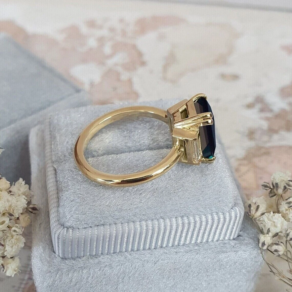 4.00 Ct Emerald Cut Blue Topaz Engagement Solitaire Ring 14K Yellow Gold Plated - Image 3 of 4