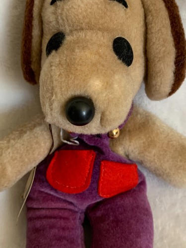 New 1980's Japan Dog In Purple Overalls Red Pockets Stuffed Animal Plush *READ - Picture 2 of 13