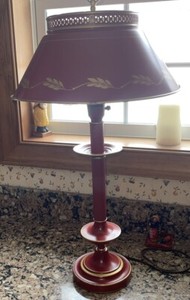 Vintage Blood Red Metal Toleware Table Lamp 25" Tall 3-Way Switch