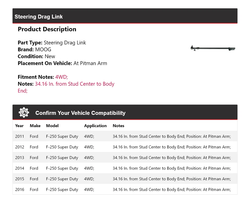 Eslabón de arrastre de dirección para Ford F-250 Super Duty 2011-2016 4x4 en brazo Pitman MOOG Foto 2 de 4