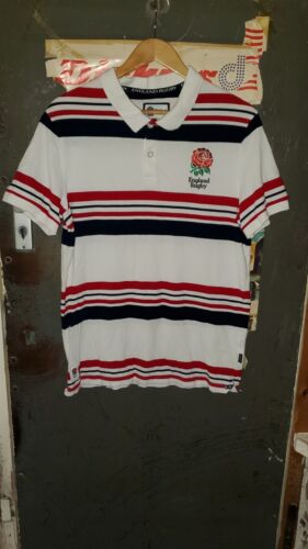 *England Rugby Polo Shirt Official RFU White Red Blue Striped  Men's Medium VGC* - Picture 1 of 7