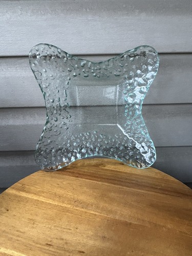 Light Blue Hammered Textured Abstract Shaped Art Glass Console Bowl 11"