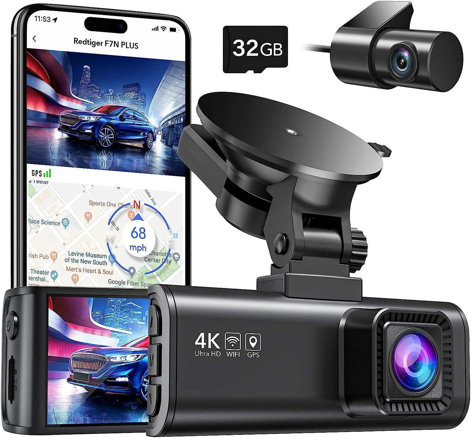 REDTIGER Dash Cam Front Rear, 4K/2.5K Full HD Dash Camera for Cars, Free 32GB SD