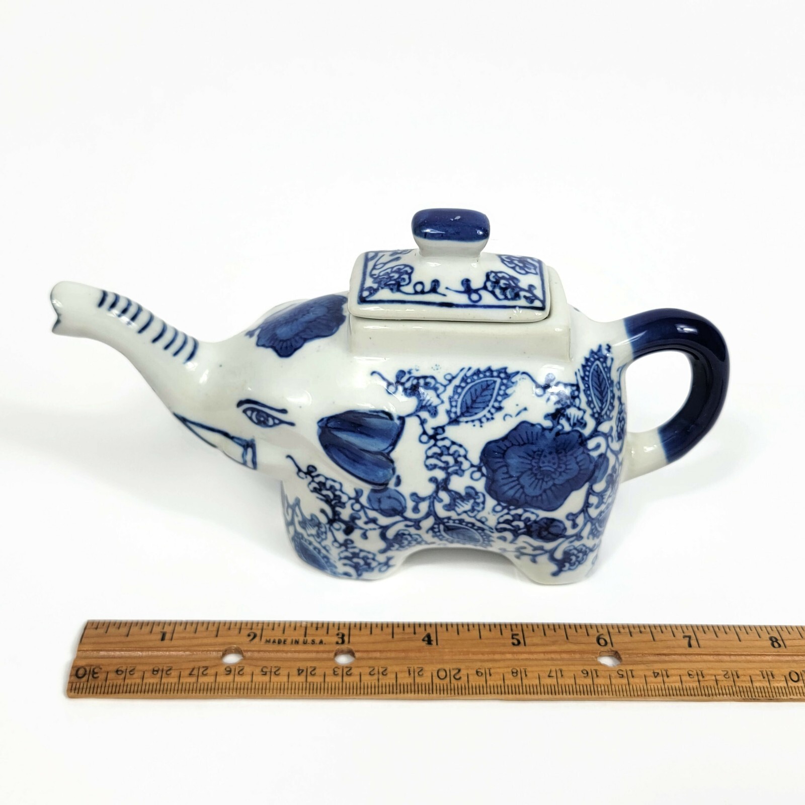 Vintage Blue and White Porcelain Elephant Teapot 8" Floral Lidded