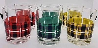 Red, Green, And Yellow Scotch On The Rocks Plaid Old Fashioned/Cocktail Glasses