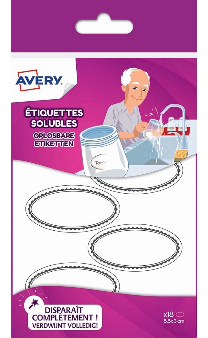 Étiquettes solubles Avery SOLUB18-10 lot de 180 stickers ovales amovibles