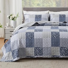 Navy Blue Gray Oversized King Quilt Set 128x120, 3 Piece Quilted Bedspread Set