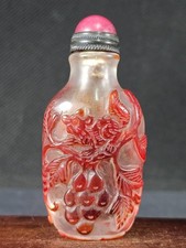Chinese Squirrel Grape Carved Peking Overlay Glass Snuff Bottle