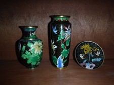 Set Alte Cloisonne Vase Teller Vogel China Asien Porzellan Messing Deko Konvolut