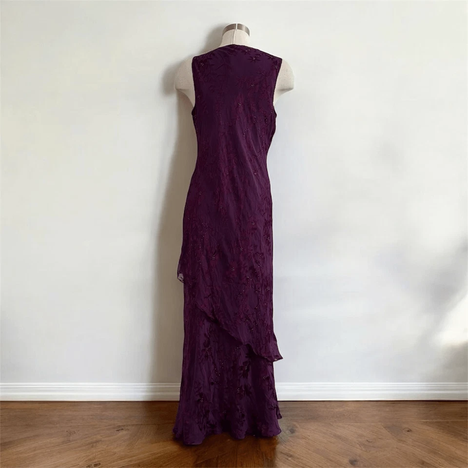 Maxi Vestido Vintage Spenser Jeremy Y2K Púrpura Floral Pequeño Drapeado Malla en Niveles Velpa Foto 3 de 4