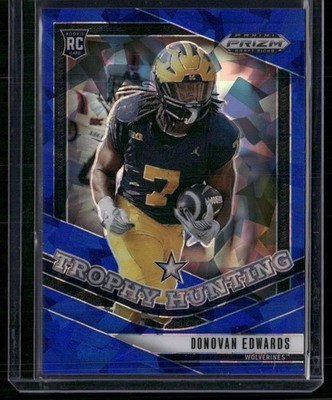 2025 Panini Prizm Draft Picks Donovan Edwards Blue Ice /149 Trophy Hunting RC SP
