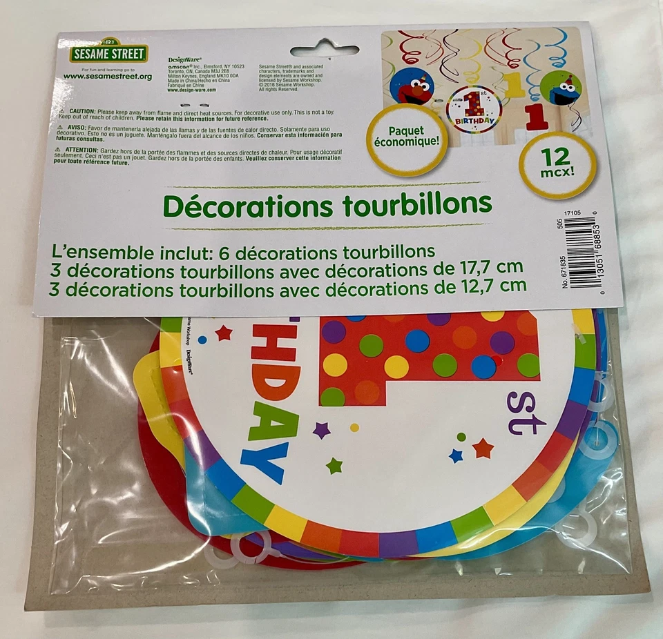 SESAME STREET 1er Cumpleaños 12 piezas Colgante Remolino Decoración Incluye (3) 7" y (3) 5" NUEVO Foto 3 de 3