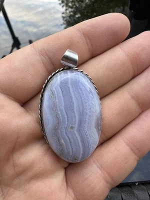 Large Blue Lace Agate Pendant Top Quality Natural Crystal 925 silver plated B4 - Image 1 of 4