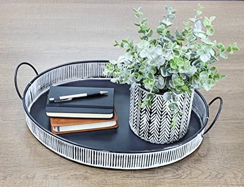 Boho Decorative Serving Tray, Distressed White Over Black Metal Tray - Image 3 of 4