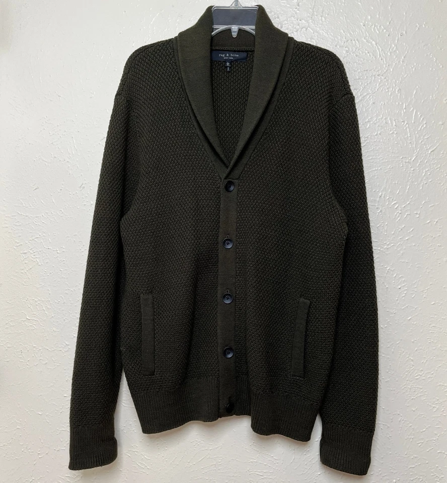 Rag & Bone Sweater Mens L Green Cardiff Shawl Cardigan Merino Wool Blend - Image 2 of 4