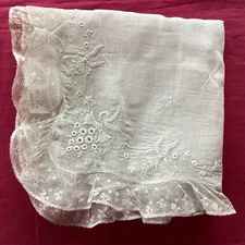 Antique Lace Embroidered Linen Wedding Handkerchief