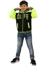 Kids Girls Boys Jackets Selfie Embroidered Neon Green Zipped Top Hooded Hoodie