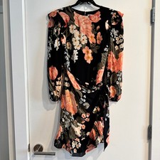 Reformation Floral Mini Dress Black Wrap Skirt Ruffled Back Zip Button Sz 6