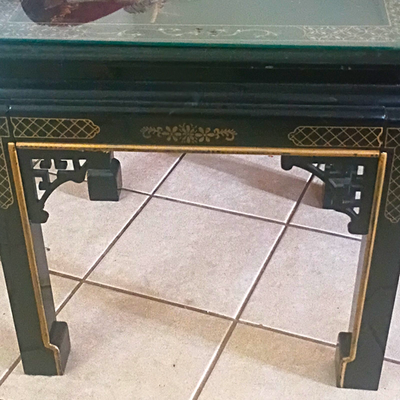 #ad 2Vintage Chinoiserie Black Lacquered Wood End Tables Square 1 W Glass Top 1 w o $145.00