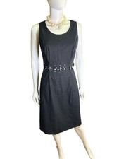 Oscar Oscar De La Renta Black Linen Blend Sheath Dress Embellished Waist Sz 4