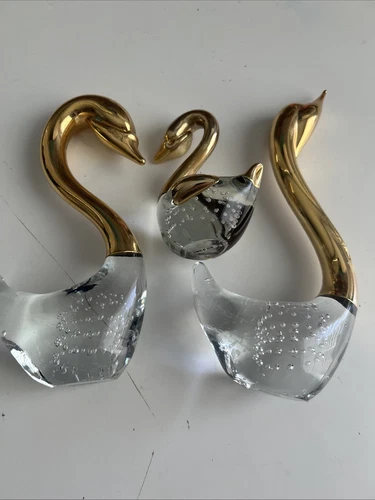 Vintage Murano Style Sorento Art-Glass Gilded Gold Neck Graceful Swans Set Of 3