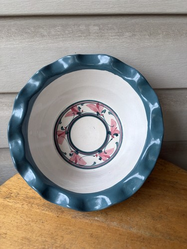 Vintage Teal Pink Flower Ring Striped Crimped Rim Art Pottery Bowl 9" Signed