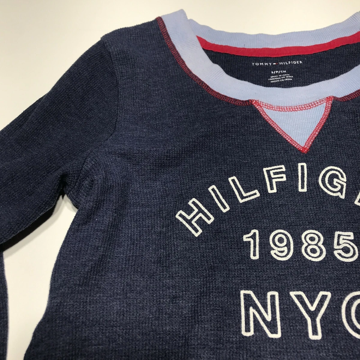 Tommy Hilfiger T Shirt Womens Size Small Long Sleeve Thermal Waffle Knit Blue