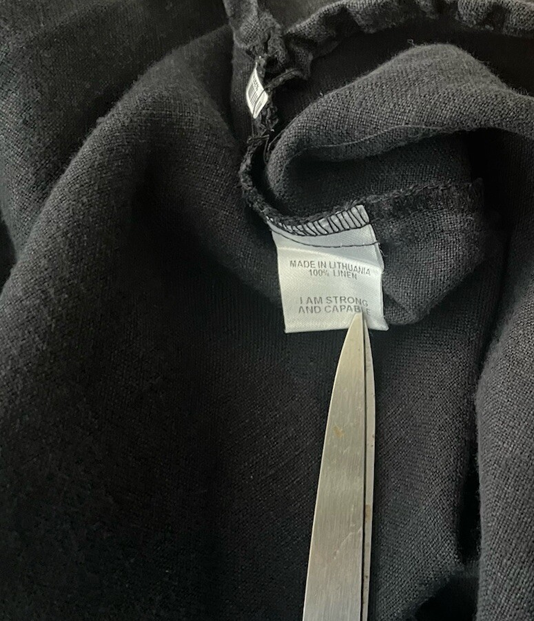 FLAX Black 100 Linen Tunic Top Size Large Lagenlook 3/4 Sleeve Round