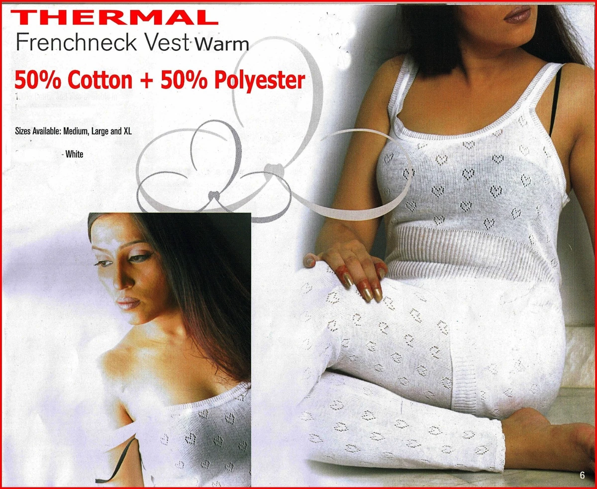 LADIES WINTER WARM THERMAL FRENCH NECK VEST THIN STRAP WHITE SOFT