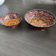 Hand Made Bowl Set Raised Enamel Ceramic Colorful South American 2 Bowls