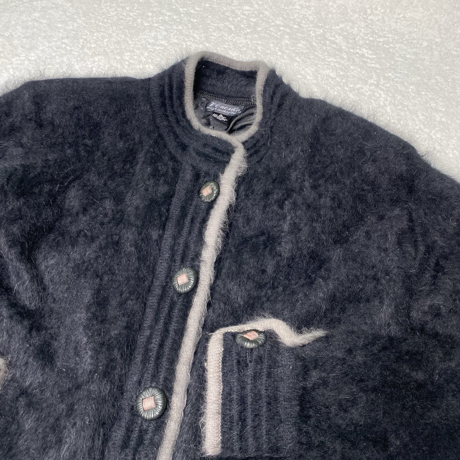80% Angora Fuzzy Vintage VENESHA Black & Gray Lined Sweater Coat size S
