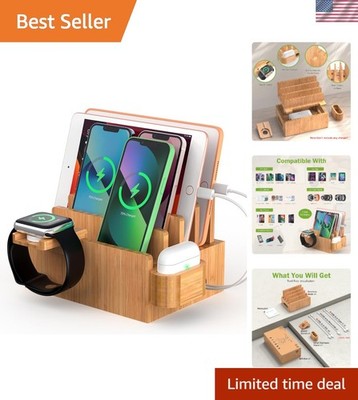 Bamboo Charging Station Organizer for Multiple Devices, Desktop Docking Stati...