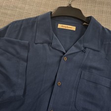 Tommy Bahama Shirt Mens XL Blue 100 Silk Herringbone Camp Casual Button Up