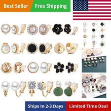 12 Pairs Clip on Earrings for Women Cute Earring Crystal Pearl Stud Charming Fas
