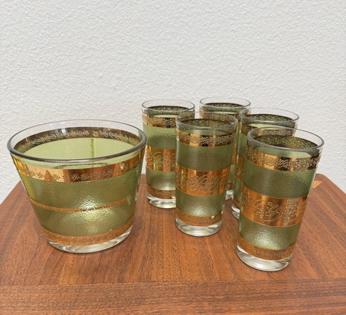 Vtg Culver Starlyte 5 Green Gold Scroll Highball Glasses & Bucket 22K - Picture 2 of 7