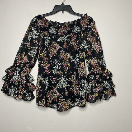 CeCe Black Floral Smocked Off-The-Shoulder Top Long Ruffle Sleeve Blouse Size L