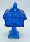 Vintage Jeanette Glass Blue Flashed Covered Pedestal Wedding Cake Box 8.5"