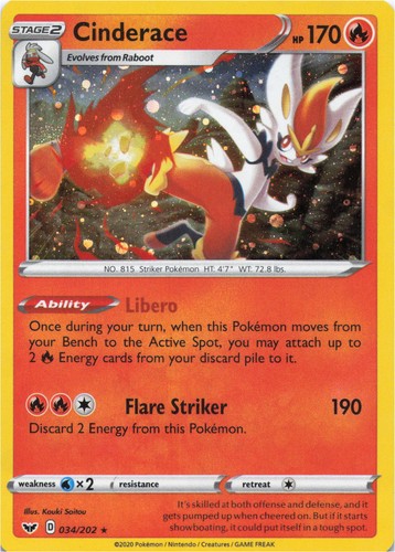 Pokemon - Cinderace (034) #034/202 - SWSH01: Sword & Shield Base Set Holo