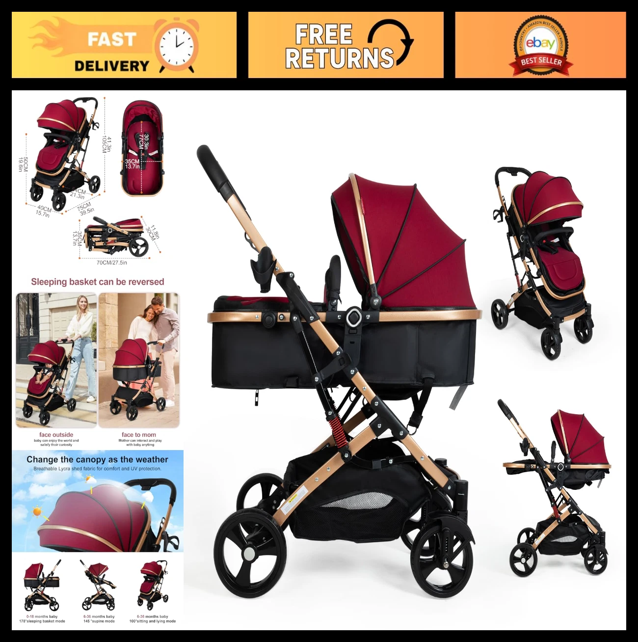 2-in-1 Convertible Baby Stroller, Foldable Pushchair with Adjustable Canopy, Ant